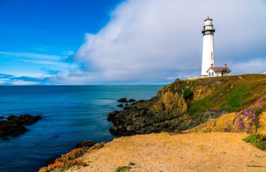 Batı yakası, Kuzey Kaliforniya Güvercin Noktası Deniz feneri ve Pasifik kıyısı karayolu, tarihi deniz feneri işaretli sahil şeridi.