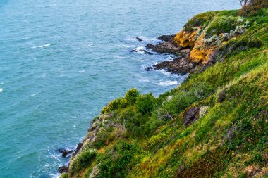  Kıyı şeridi boyunca kayalık tropikal mükemmel bir seyahat noktası inanılmaz Pasifik Okyanusu manzarası güneşli bir sabah dağı ve su manzarası