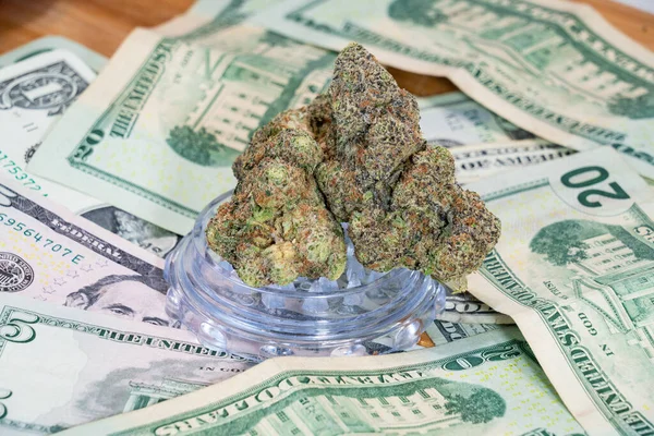 Marihuana Konopí Květiny Vrcholu Hotovosti Peníze Nahromaděné Vydělávání Peněz Trhu — Stock fotografie