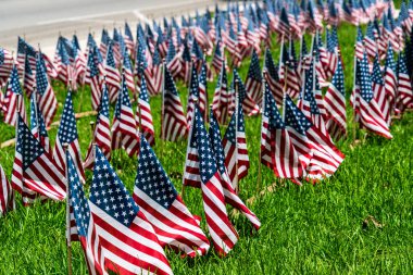 Gazilerimizi daha az savaşla ve çimenlerdeki küçük Amerikan bayraklarıyla kutluyoruz. Amerika 'daki gazilerin ve askeri gazilerin anısına.