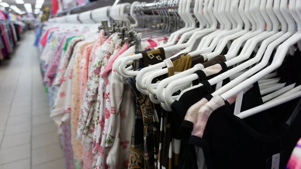 Row Hanging Women Clothing Store Large Selection Dresses Hangers Shopping — Stock Photo, Image