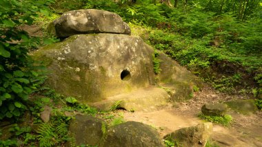 LAZAREVSKOE, SOCHI, RUSSIA - 29 Mayıs 2021: Mamedovo Canyon veya Berendeevo Tsarstvo. Ormandaki koca bebekler. Tarihi ritüel inşaatı.