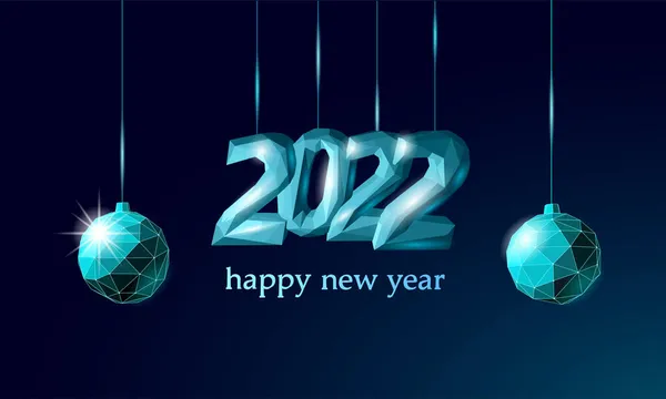 2022 Neujahr 3D Metall Eis Textur. Leuchtende Form blaue Dunkelneon-Ziffernillustration. Feier Dekoration Stahl Silber Chrom Poster Grußkarte Vektor — Stockvektor