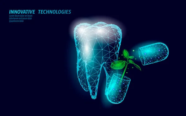 Concepto de cápsula de probióticos para el cuidado natural de dientes 3D. Diente molar anatómico remedio alternativo herbal esmalte saludable. Homeopatía terapia bacteriana vector dental ilustración — Vector de stock