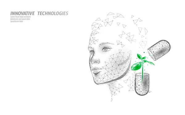 Cosmétiques 3D visage bas poly naturel. Complément de santé soin de la peau anti-âge ad traitement complexe de la grippe. Modèle de bannière de science de la médecine illustration vectorielle — Image vectorielle