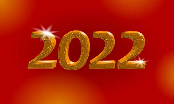 2022 Ano Novo 3D baixa textura poli. Ilustração dourada vermelha do número da forma brilhante. Celebração decoração ouro amarelo cartaz cartão vetor —  Vetores de Stock