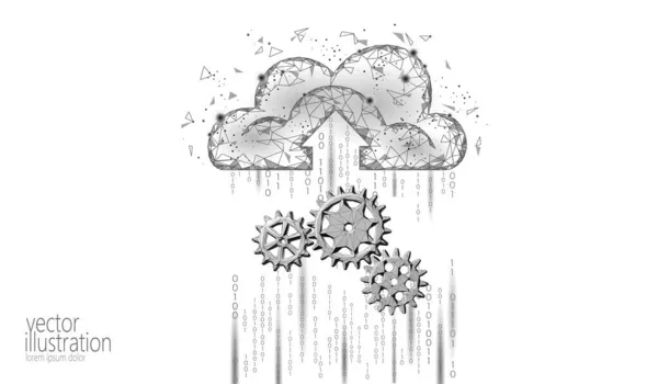 Computación en la nube configuración de almacenamiento en línea bajo poli. Opciones de seguridad de información personal. Poligonal futuro moderno Internet negocio tecnología vector ilustración — Vector de stock