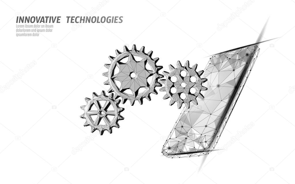 Smartphone settings help service low poly. New version software mobile system upgrade internet upload. Online information touch screen. Polygonal modern design vector illustration