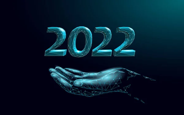 2022 Ano Novo 3D textura de gelo de metal. Forma brilhante azul escuro neon número ilustração. Celebração decoração aço prata cromo cartaz vetor cartão de saudação —  Vetores de Stock