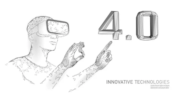 Χαμηλή πολύ μελλοντική βιομηχανική επανάσταση ιδέα. Βιομηχανία 4,0 αριθμός συναρμολογημένα γυαλιά κράνος VR. Online διαχείριση της βιομηχανίας επαυξημένης πραγματικότητας. απεικόνιση διανυσματικού φορέα 3D πολυγωνικού συστήματος καινοτομίας — Διανυσματικό Αρχείο