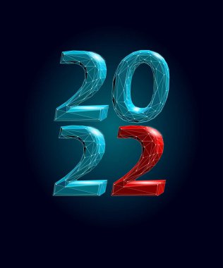 2022 Yeni Yıl 3D metal buz dokusu. Işıldayan mavi, koyu neon rengi çizimler. Kutlama dekorasyonu çelik gümüş krom poster tebrik kartı vektörü