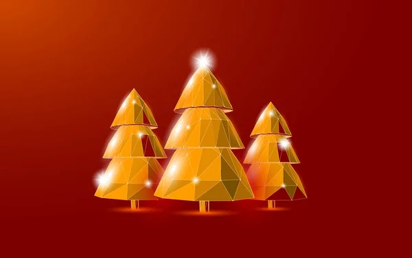 Feliz Natal árvore dourada objeto 3D. Holiday cartão decoração árvore de Natal conceito de ouro. Fir floresta desenho de madeira vetor ilustração — Vetor de Stock