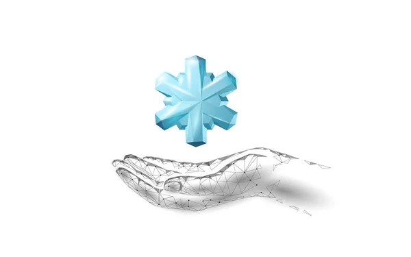 Poligonal bajo poli copo de nieve festivo. Fondo de tarjeta de felicitación triángulo geométrico de renderizado detallado 3D aislado. Hielo nieve cristal luz brillo Navidad Año Nuevo plantilla vector ilustración arte — Vector de stock