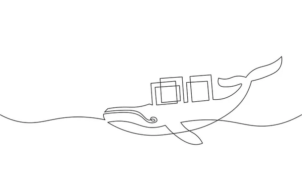 One line whale and container computer docker developer app concept. Sketch drawing open source program. Data coding vector line illustration — Διανυσματικό Αρχείο