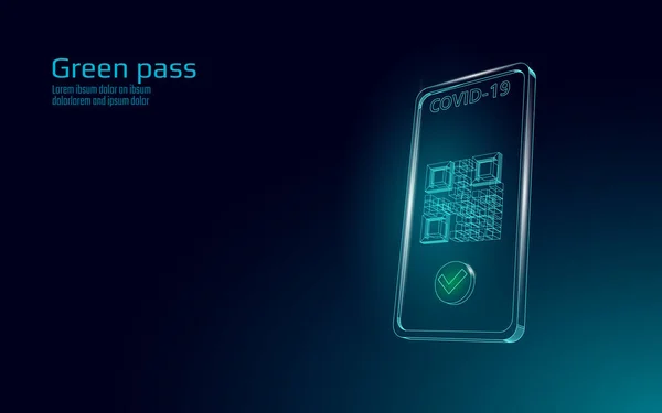 COVID-19 Green Pass QR-code 3D concept. Téléphone app écran santé passeport mobile app certificat. Illustration vectorielle de l'affiche de vaccination contre le coronavirus de voyage sécuritaire — Image vectorielle