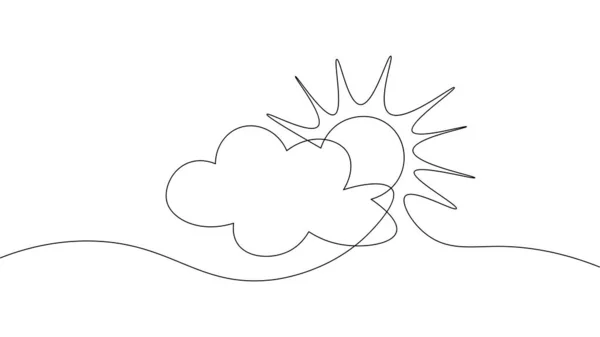 Continu lijn zon wolk kunst. Enkele lijn schets zonnige zomer reizen concept. Pictogram bewolkte hemel weer gelukkig vakantie element vector illustratie — Stockvector