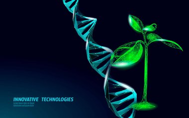 Bitki filizi biyoteknoloji soyut konsepti. 3 boyutlu fide ağacı DNA genom mühendisliği vitamin takviyesi bırakır. Tıp bilimi eko çokgen üçgenleri düşük poli vektör çizimi