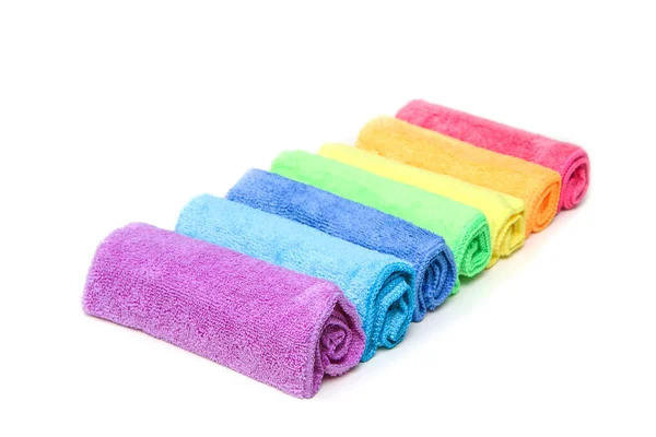 Row Different Colorful Micro Fibre Rags Ordered White Background Stock Photo