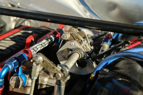 The detail of the engine of the historic rallye car.