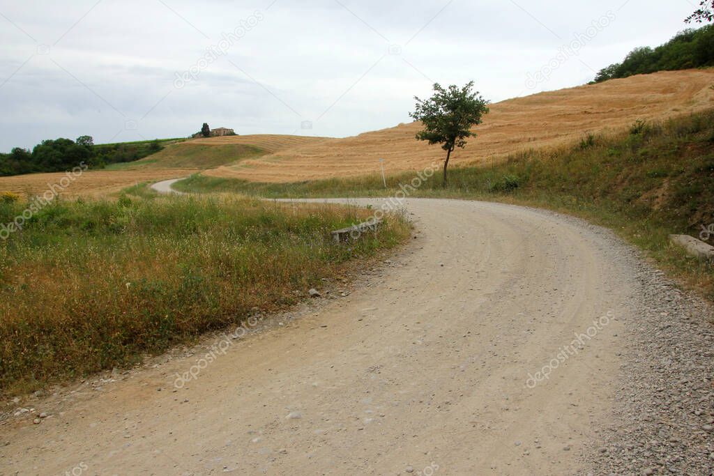 The typical dusty gravel roads in Tuscany in Italy with a nice nature and landscape around and old houses around.