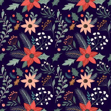 Noelde çiçek desenli noktalı çiçek, şenlikli arka plan, kış duvar kâğıdı, hediye kağıdı.