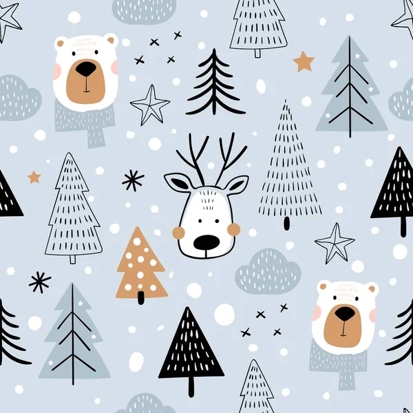 Christmas winter seamless pattern,  kids background, wallpaper, gift paper, holidays surface design, doodle elements