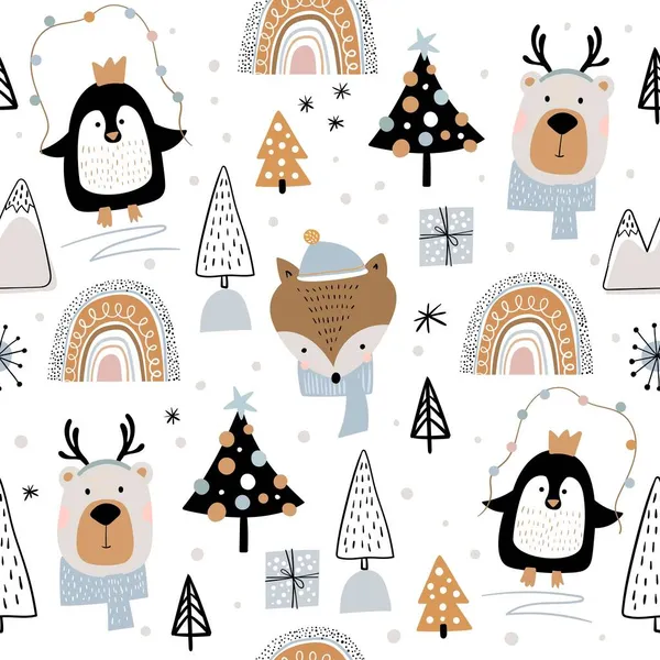 Christmas winter seamless pattern,  kids background, wallpaper, gift paper, holidays surface design, doodle elements