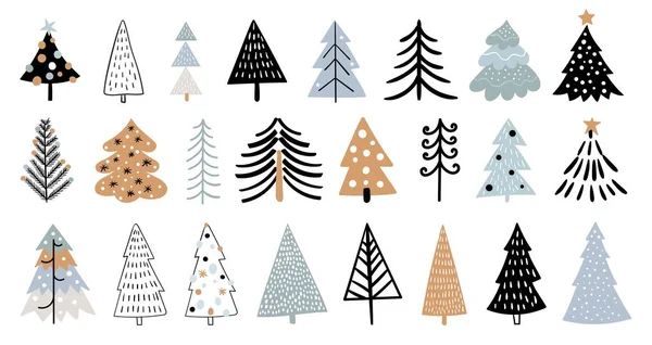 圣诞冬季收集与树木 隔离在白色 不同的季节性设计 涂鸦形状 — 图库矢量图片