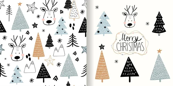 圣诞套装 配有无缝图案和贺卡 儿童背景 礼品纸 节假日平面设计 — 图库矢量图片