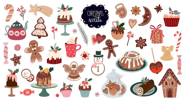 Bonbons Noël Grande Collection Avec Desserts Hiver Saisonniers Muffins Biscuits — Image vectorielle