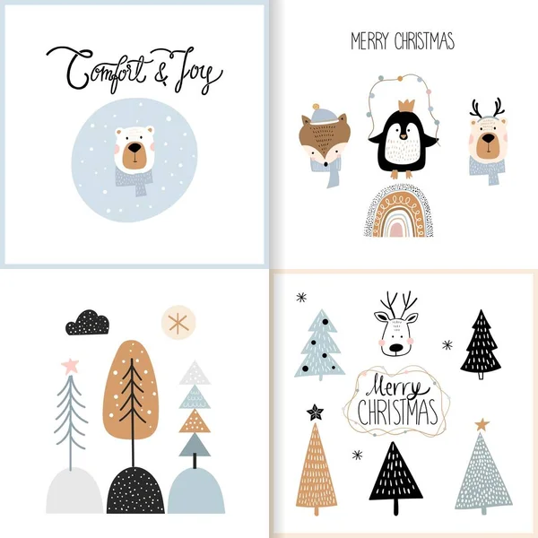 Zestaw Kartek Świątecznych Zimowych Projekt Sezonowy Dla Dzieci — Wektor stockowy