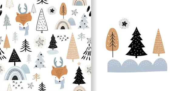 Christmas winter set, seamless pattern with cute foxes and greeting card, kids background, wallpaper, gift paper, holidays surface design