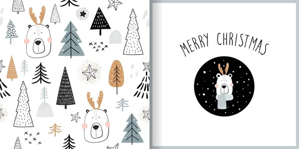 Ensemble Hiver Noël Avec Motif Sans Couture Carte Vœux Ours — Image vectorielle