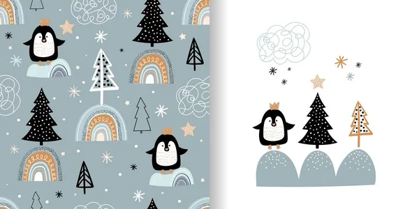 Christmas winter set for kids with seamless pattern and greeting card, cute penguins, seasonal design for fabric, wallpaper, background