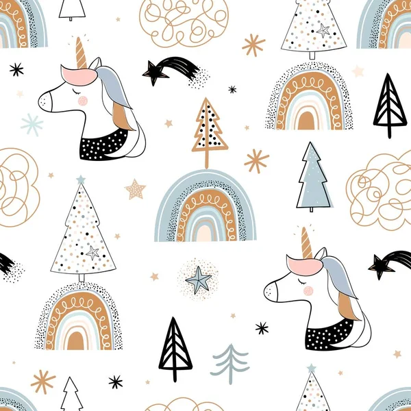 Christmas winter seamless pattern with unicorns and rainbows, kids wallpaper, holidays background for gift paper, doodle elements, seasonal design