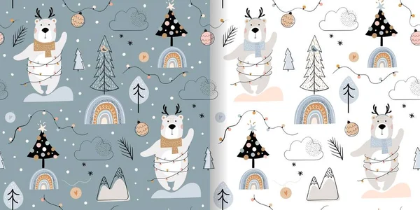 Noel Kışları Sevimli Ayılar Ağaçlar Gökkuşağı Olan Çocuklar Için Düzenlenmiştir — Stok Vektör