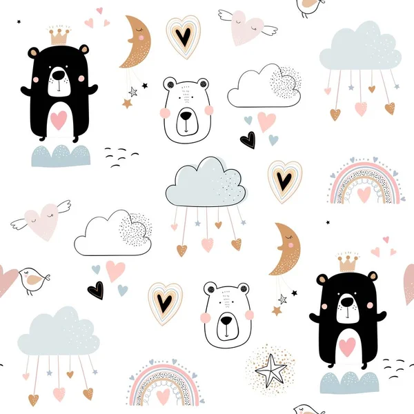 Valentine's Day seamless pattern with cute bears, hearts, clouds and rainbows, kids background, wallpaper, gift paper, holidays surface design, doodle elements