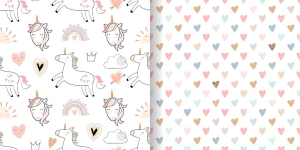 Valentine Day Seamless Patterns Set Unicorns Rainbows Kids Wallpaper Holidays — Vector de stock