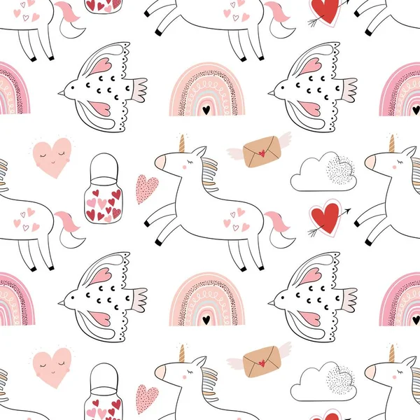 Valentine's day seamless pattern  with unicorns and rainbows and birds, kids wallpaper, holidays background for gift paper, doodle elements, seasonal design