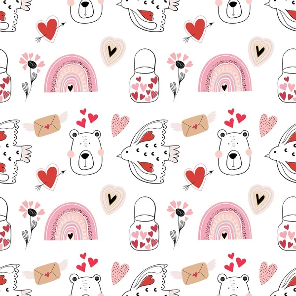 Valentine's day seamless pattern with cute bear and rainbows,  kids wallpaper, holidays background for gift paper, doodle elements, seasonal design