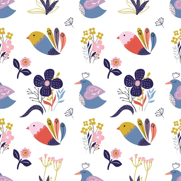 Spring seamless pattern with birds and flowers, folk style design, decorative wallpaper