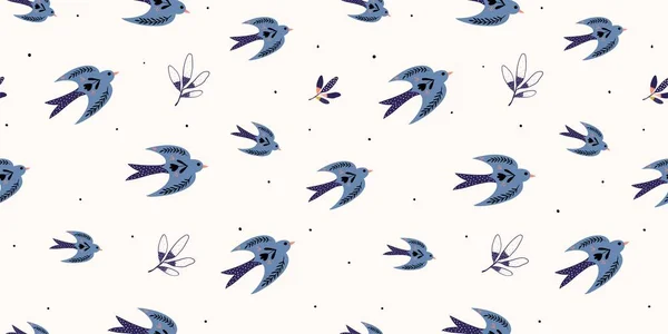 Spring Time Seamless Pattern Birds Folk Style - Stok Vektor