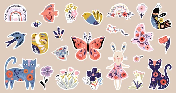 Lente Collectie Met Decoratieve Stickers Folk Stijl Design Seizoensgebonden Bloemenelementen — Stockvector