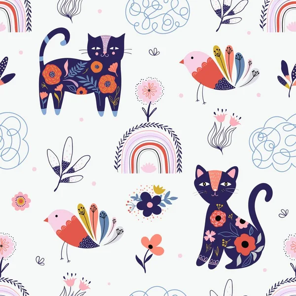 Floral seamless pattern with cats, rainbows and birds, folk style, decorative wallpaper