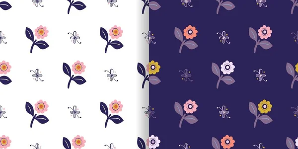 Floral Seamless Patterns Set Small Flowers Different Backgrounds Spring Summer — Stock Vector