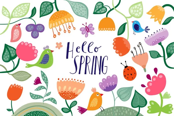 Знамя Hello Spring Плакат Фон Цветочным Оформлением Цветочные Элементы Цветы — стоковый вектор