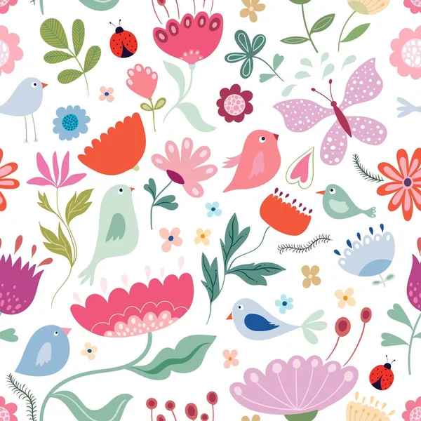 春と夏の花シームレスなパターン 季節のデザインの背景 蝶や鳥 — ストックベクタ