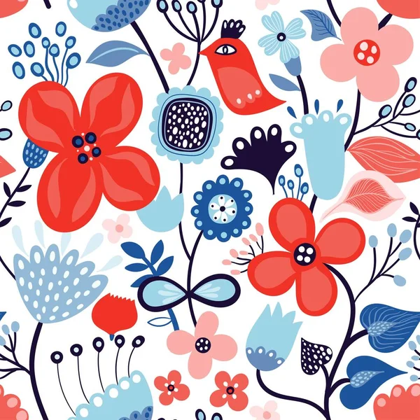 Abstract Floral Seamless Pattern Decorative Flowers Birds Doodle Style Spring — ストックベクタ