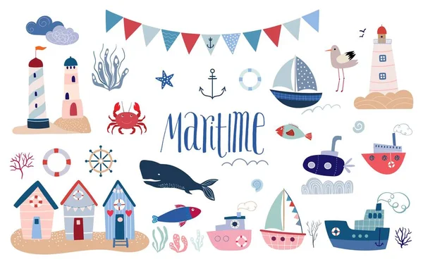 Maritime Elements Collection Summer Vibe Doodle Style — Wektor stockowy