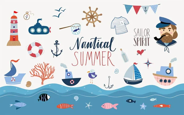 Nautical Elements Collection Summer Vibes Doodle Style — Vettoriale Stock